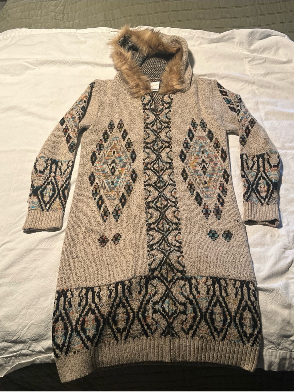 Anthropologie Northern Angel Beige Aztec Longline Cardigan with Fur Trim